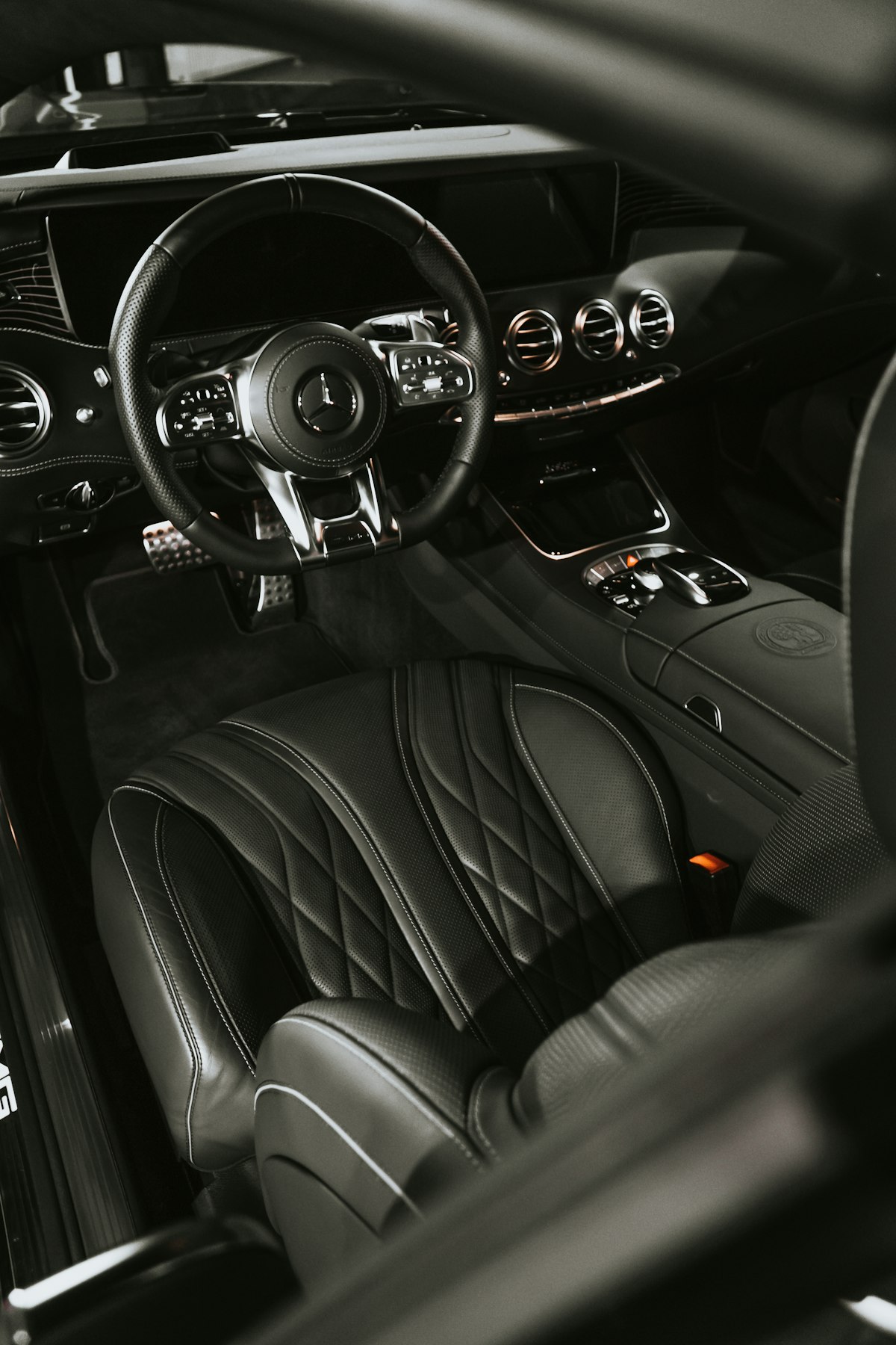 Black leather interior of an SK Limo vehicle
