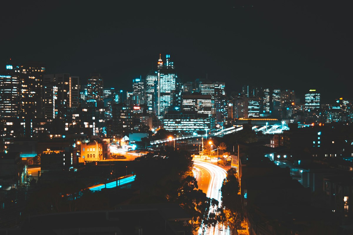 City street with light trails at night